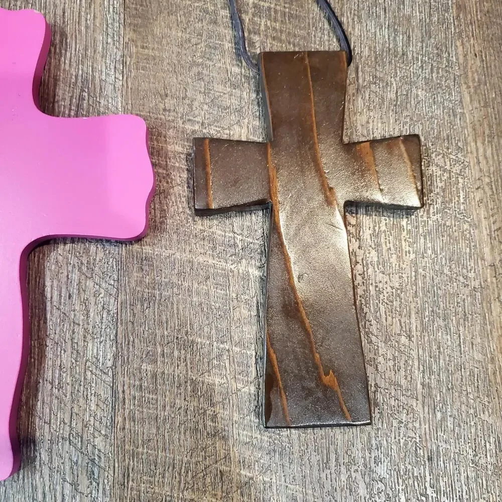 Decorative faith pink green polka dots crosses brown religious crafts Wreath